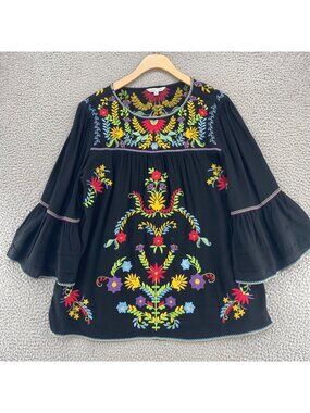 John Mark Top Womens Small Black Multi Floral Embroidered 3/4 Bell Sleeve Blouse